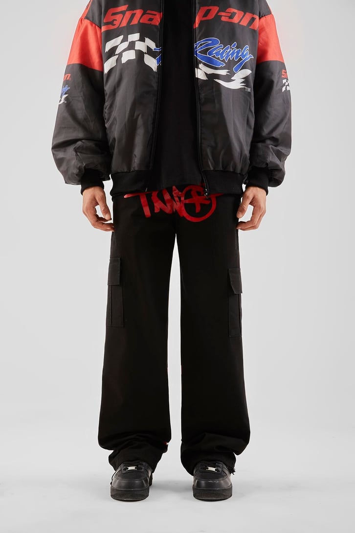 Yazı Baskılı Siyah Baggy Pantolon
