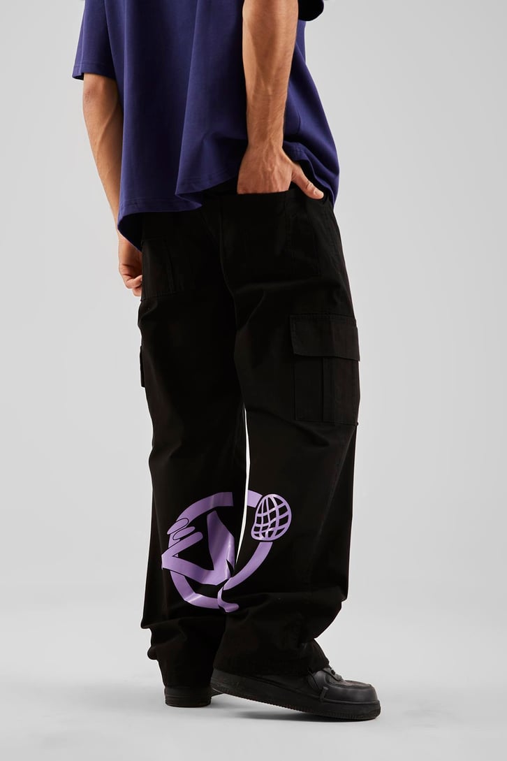 Yazı Baskılı Siyah Baggy Pantolon