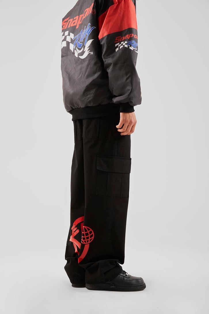 Yazı Baskılı Siyah Baggy Pantolon