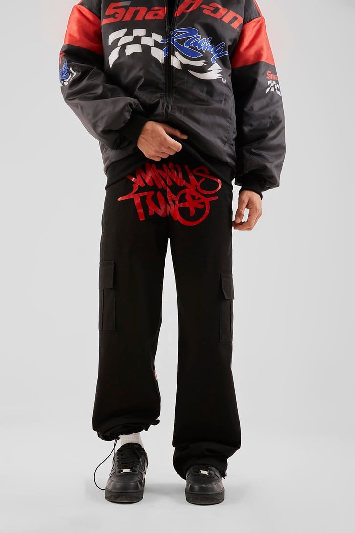Yazı Baskılı Siyah Baggy Pantolon