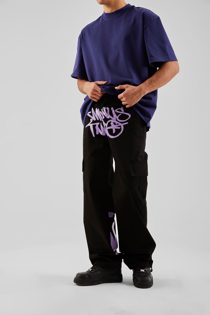 Yazı Baskılı Siyah Baggy Pantolon