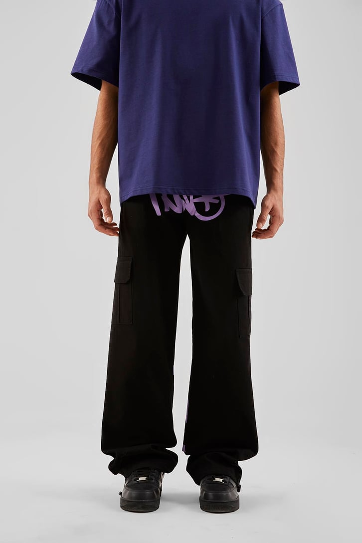 Yazı Baskılı Siyah Baggy Pantolon