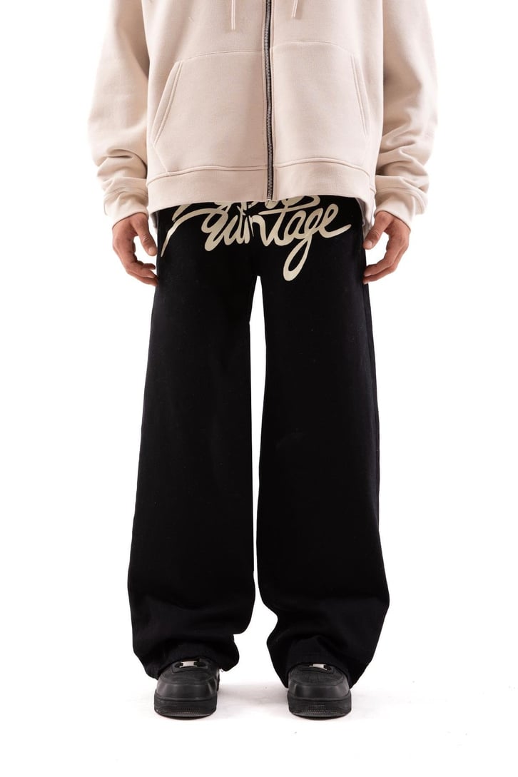 Yazı Baskılı Siyah Baggy Pantolon