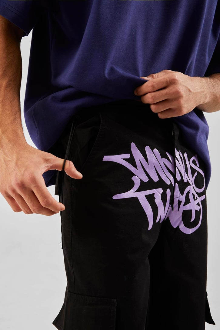 Yazı Baskılı Siyah Baggy Pantolon