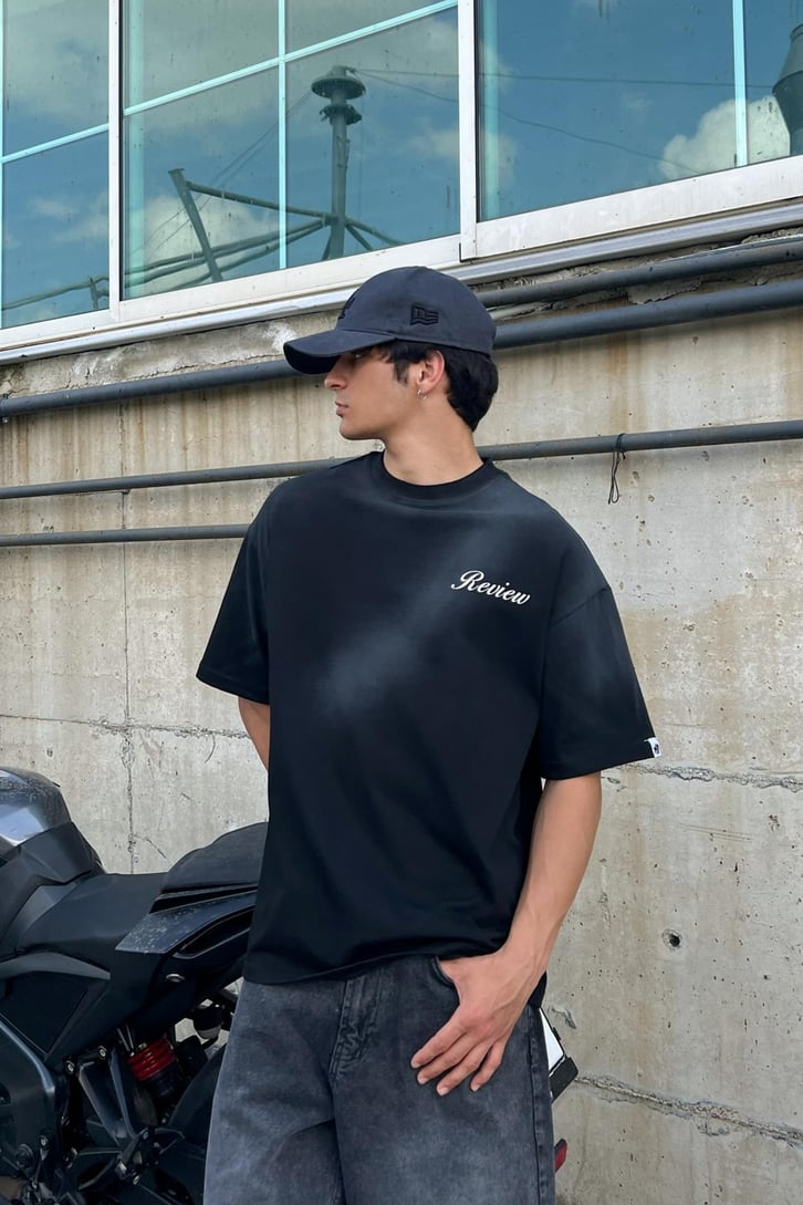 Yazı Baskılı Siyah Oversize Tişört