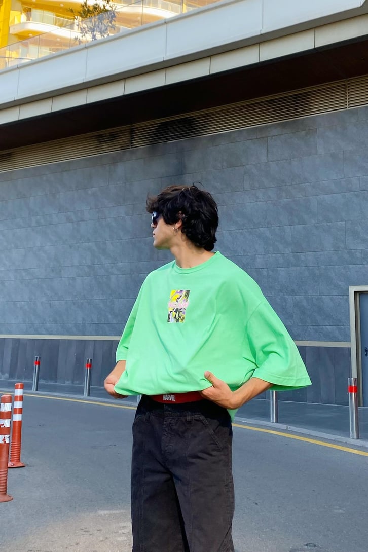 Yeah Baskılı Yeşil Oversize Tshirt