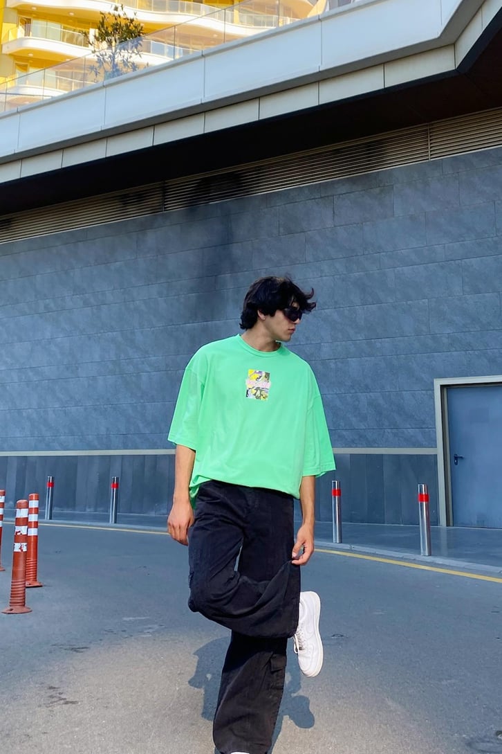 Yeah Baskılı Yeşil Oversize Tshirt