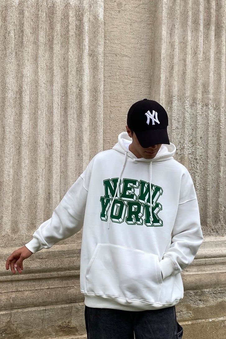 YEŞİL NEW YORK BASKILI OVERSIZE HOODIE