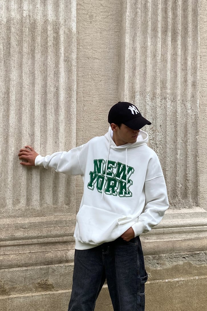 YEŞİL NEW YORK BASKILI OVERSIZE HOODIE