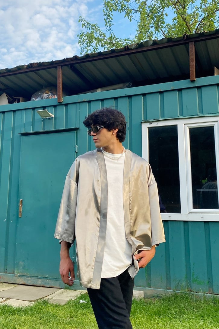 Yeşil Saten Oversize Kimono