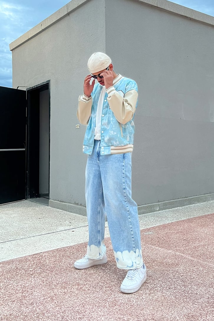 Yıkama Desenli Buz Mavi Baggy Jean