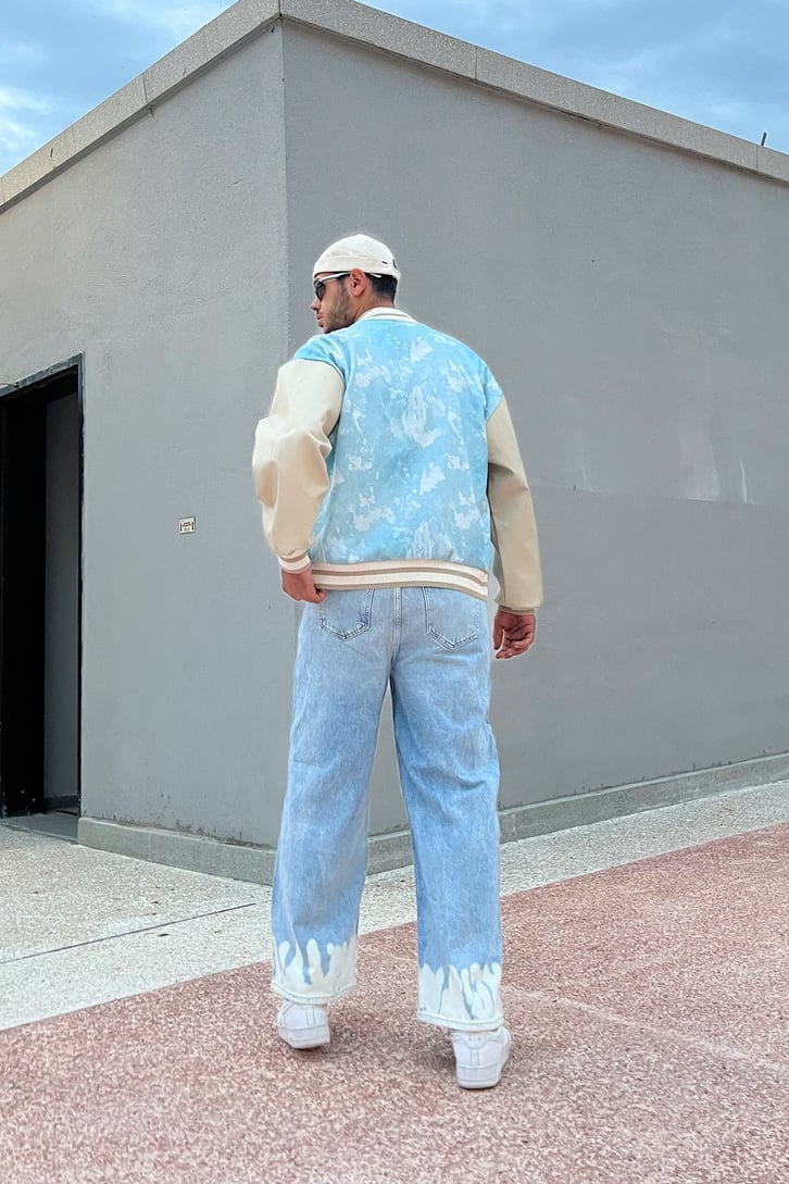 Yıkama Desenli Buz Mavi Baggy Jean