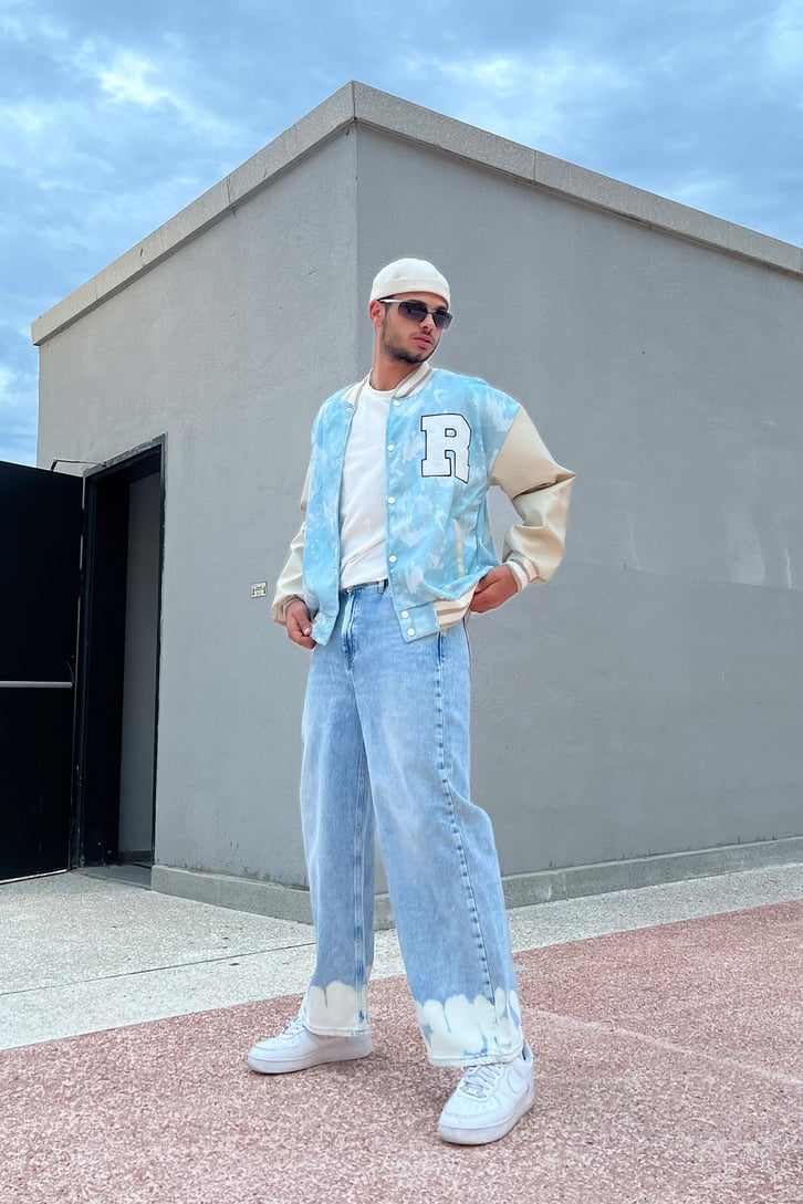 Yıkama Desenli Buz Mavi Baggy Jean