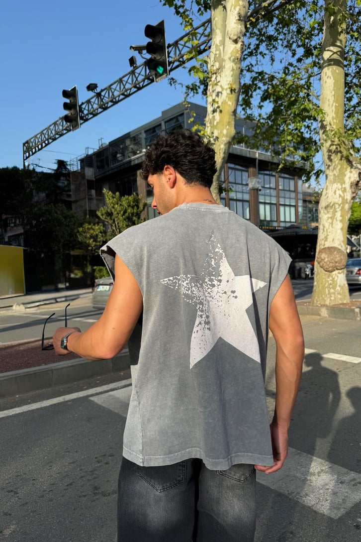 Yıkamalı Stars Baskılı Atlet