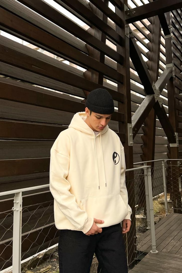 Yin-Yang Baskılı Bej Hoodie