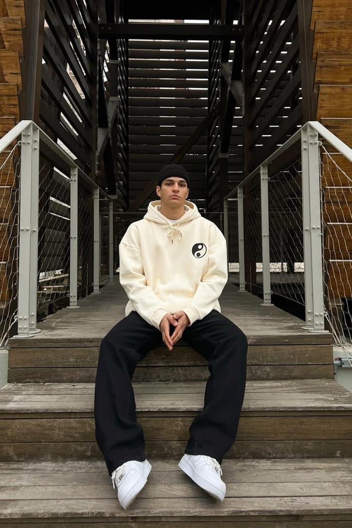 Yin-Yang Baskılı Bej Hoodie