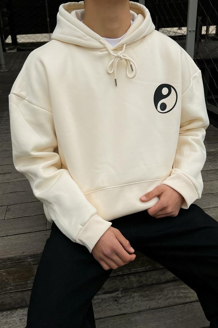Yin-Yang Baskılı Bej Hoodie