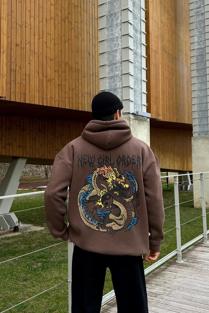 Yin-Yang Baskılı Kahverengi Hoodie