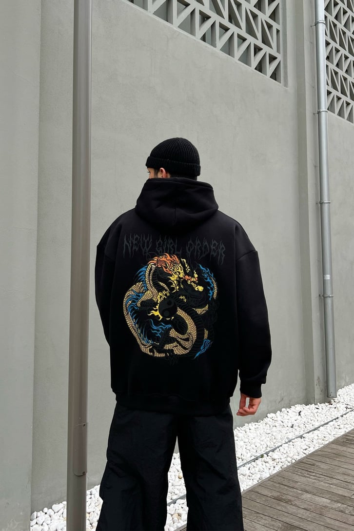 Yin-Yang Baskılı Siyah Hoodie