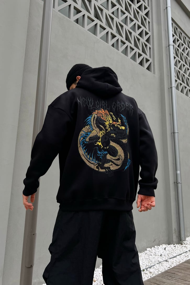 Yin-Yang Baskılı Siyah Hoodie
