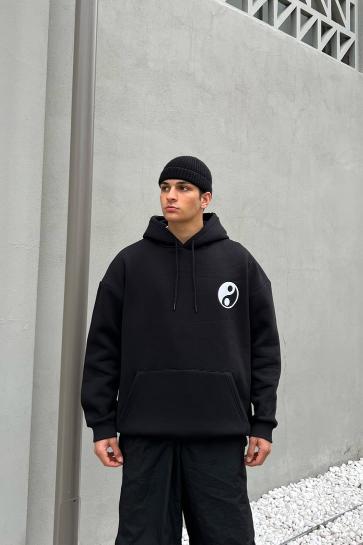 Yin-Yang Baskılı Siyah Hoodie