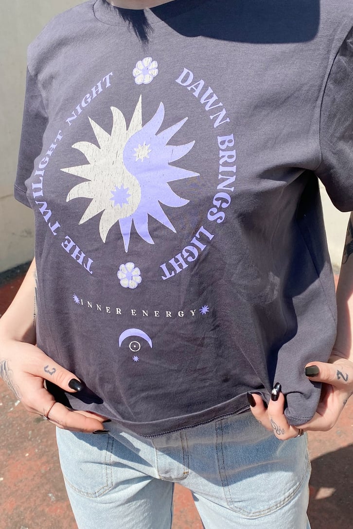 Yin-Yang Flower Baskılı Antrasit Tshirt
