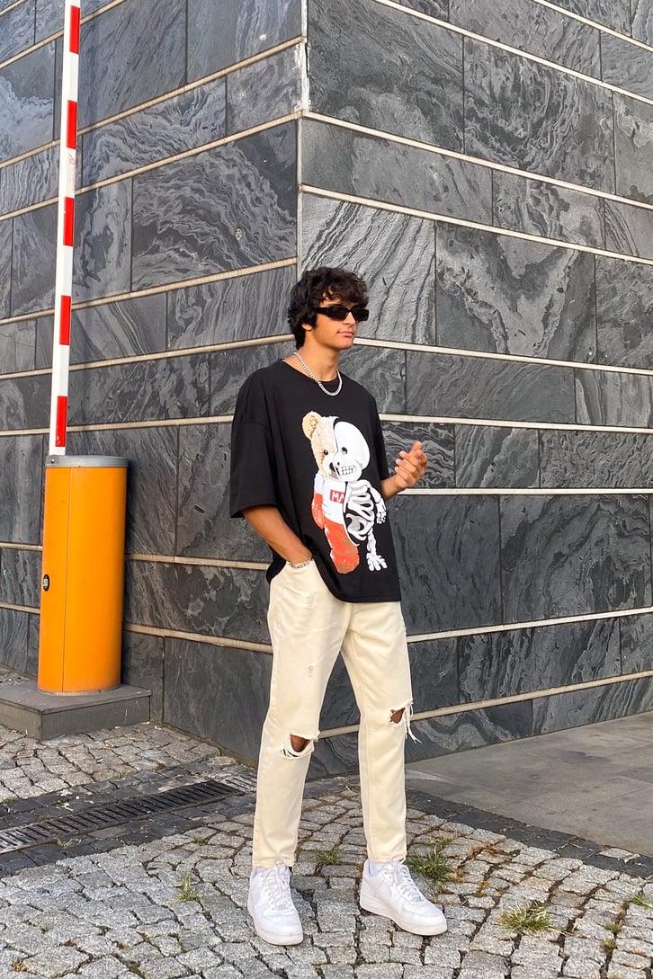 Yırtık Detay Bej Mom Fit Jean