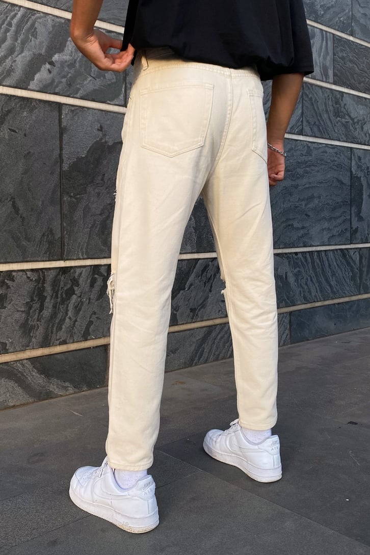 Yırtık Detay Bej Mom Fit Jean