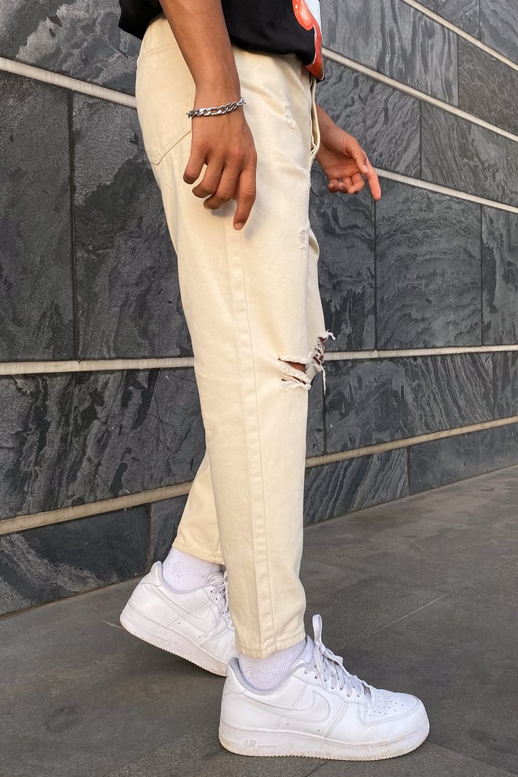 Yırtık Detay Bej Mom Fit Jean