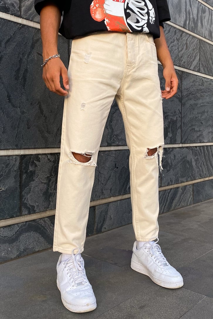 Yırtık Detay Bej Mom Fit Jean