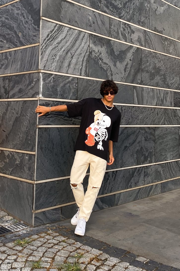 Yırtık Detay Bej Mom Fit Jean