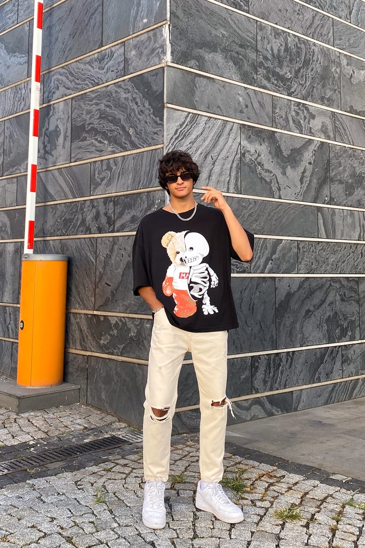 Yırtık Detay Bej Mom Fit Jean
