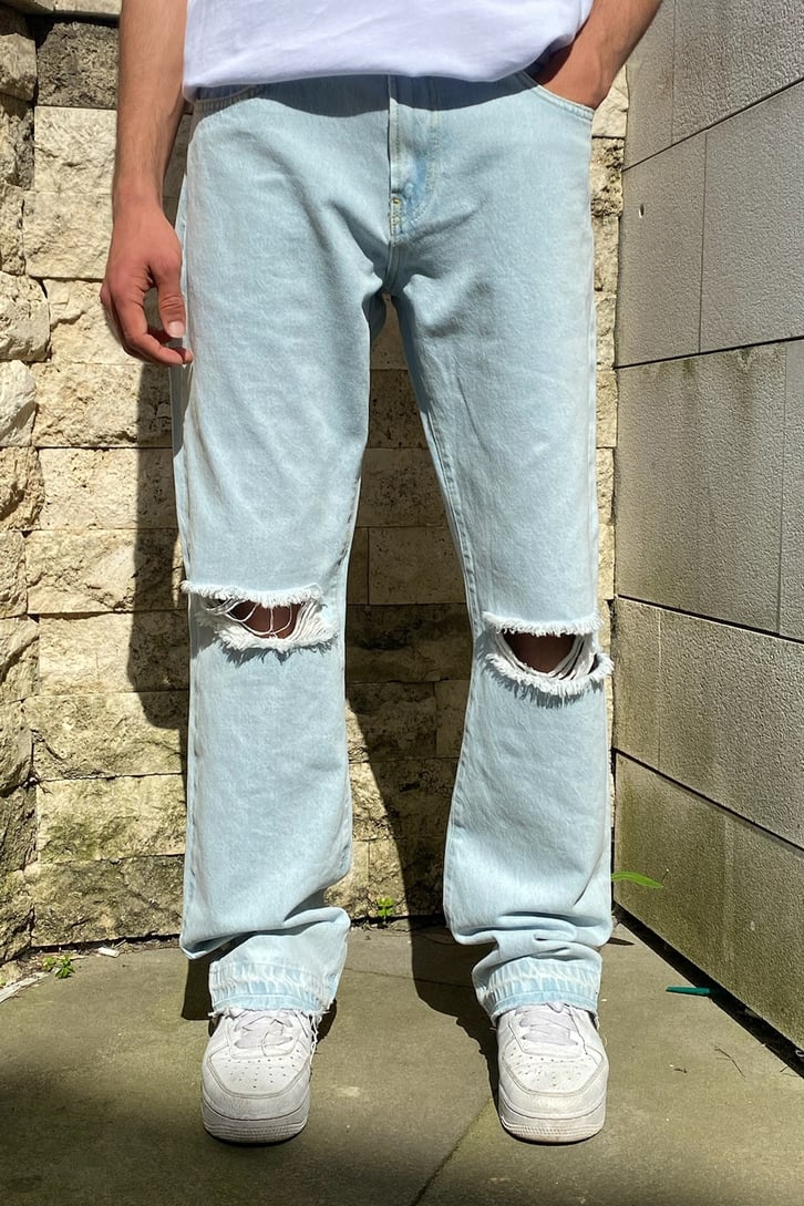 Yırtık Detaylı Buz Mavi Premium Baggy Jean