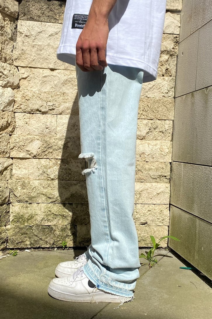 Yırtık Detaylı Buz Mavi Premium Baggy Jean