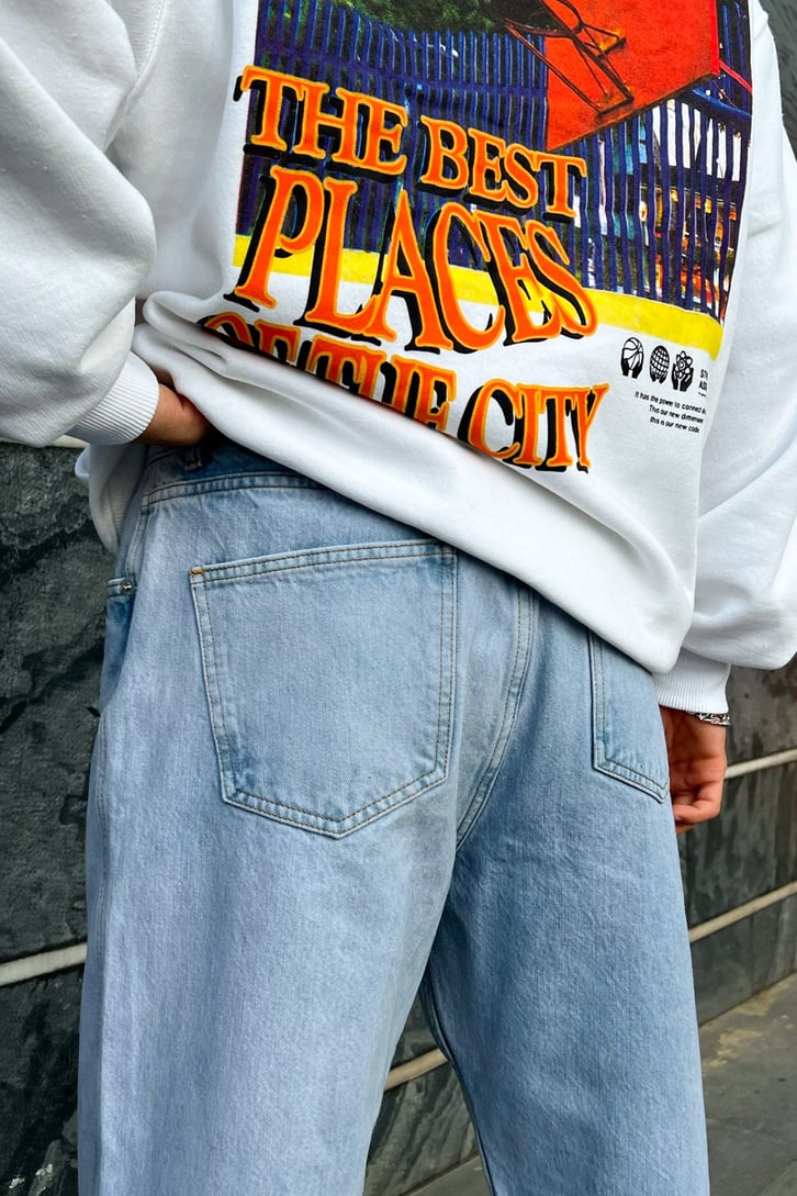 Yırtmaç Detay Buz Mavi Baggy Jean