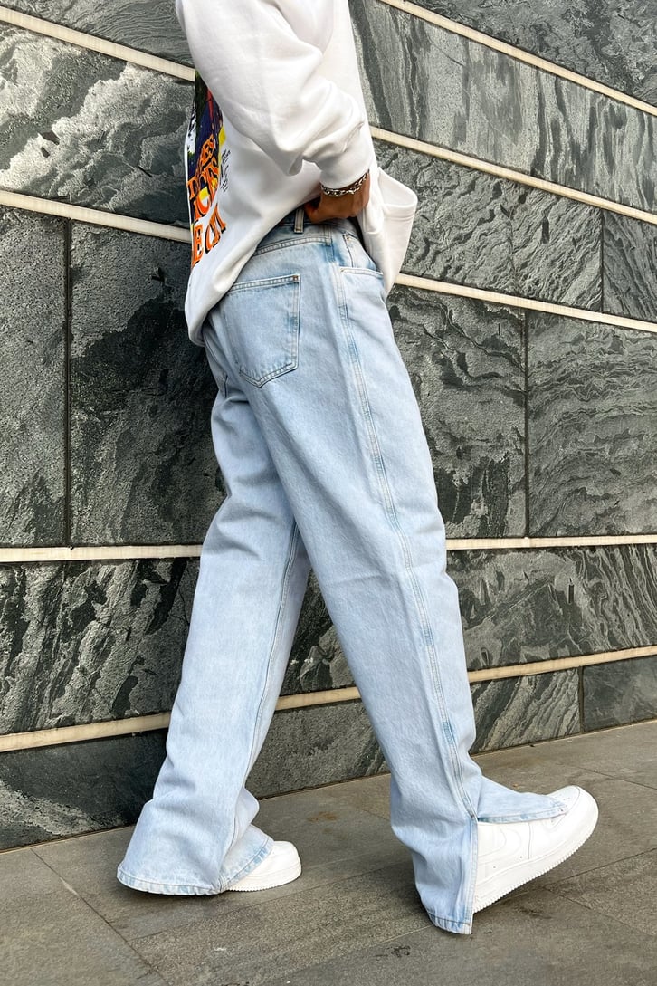 Yırtmaç Detay Buz Mavi Baggy Jean