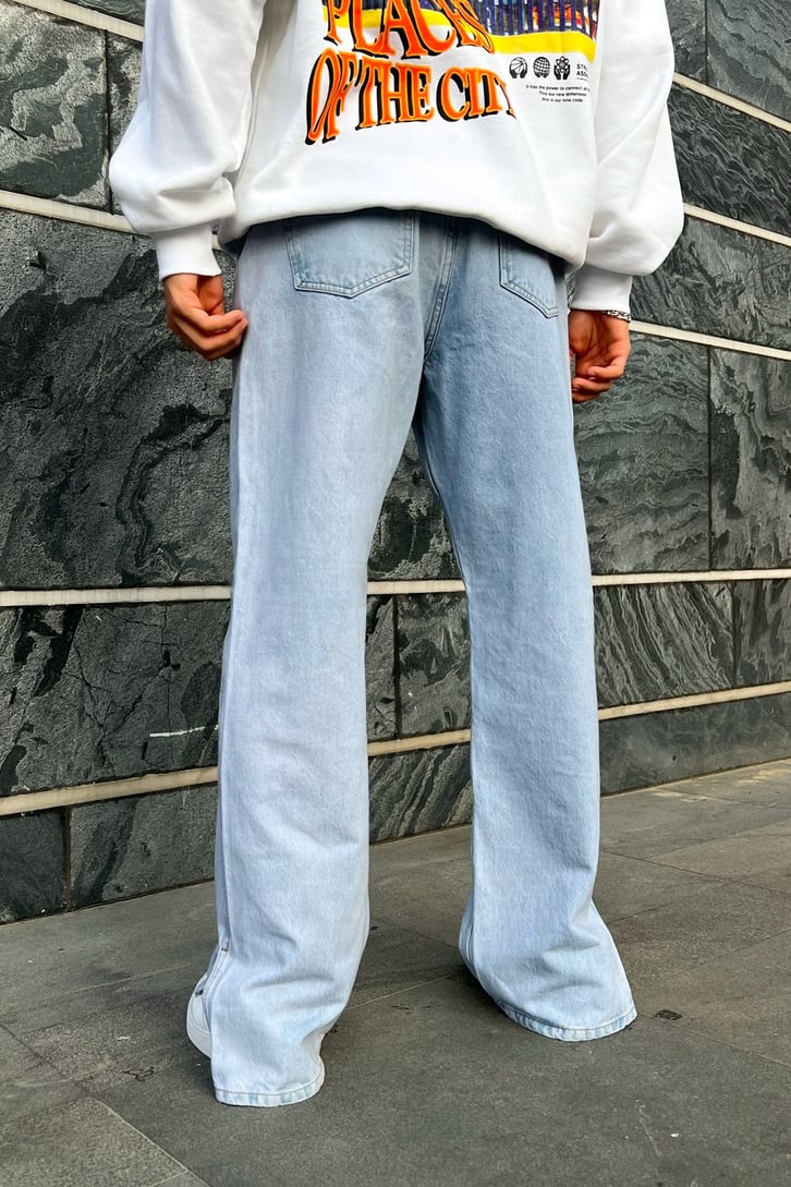Yırtmaç Detay Buz Mavi Baggy Jean