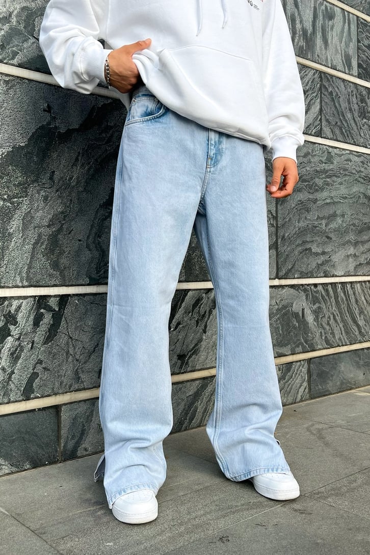 Yırtmaç Detay Buz Mavi Baggy Jean