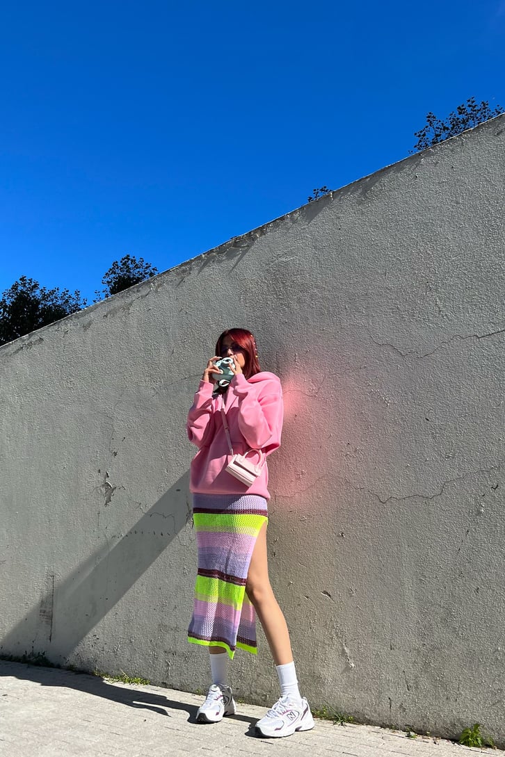 Yırtmaç Detay Neon Colorful Örme Etek