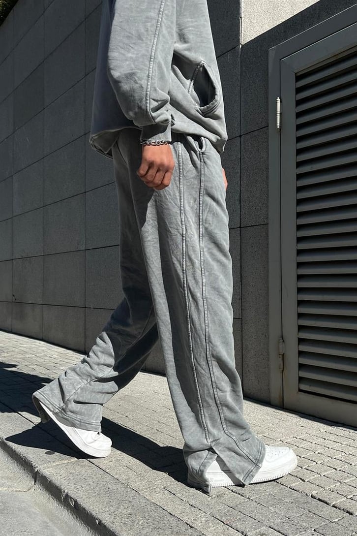 Yırtmaç Detaylı Açık Gri Zipper Eşofman Takımı