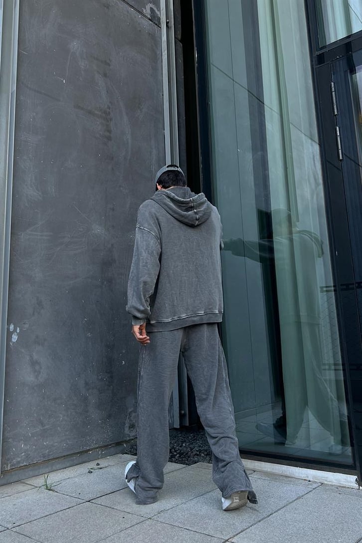 Yırtmaç Detaylı Antrasit Acid Wash Zipper Eşofman Takımı