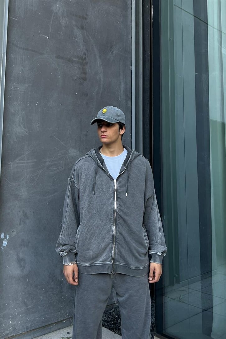 Yırtmaç Detaylı Antrasit Acid Wash Zipper Eşofman Takımı