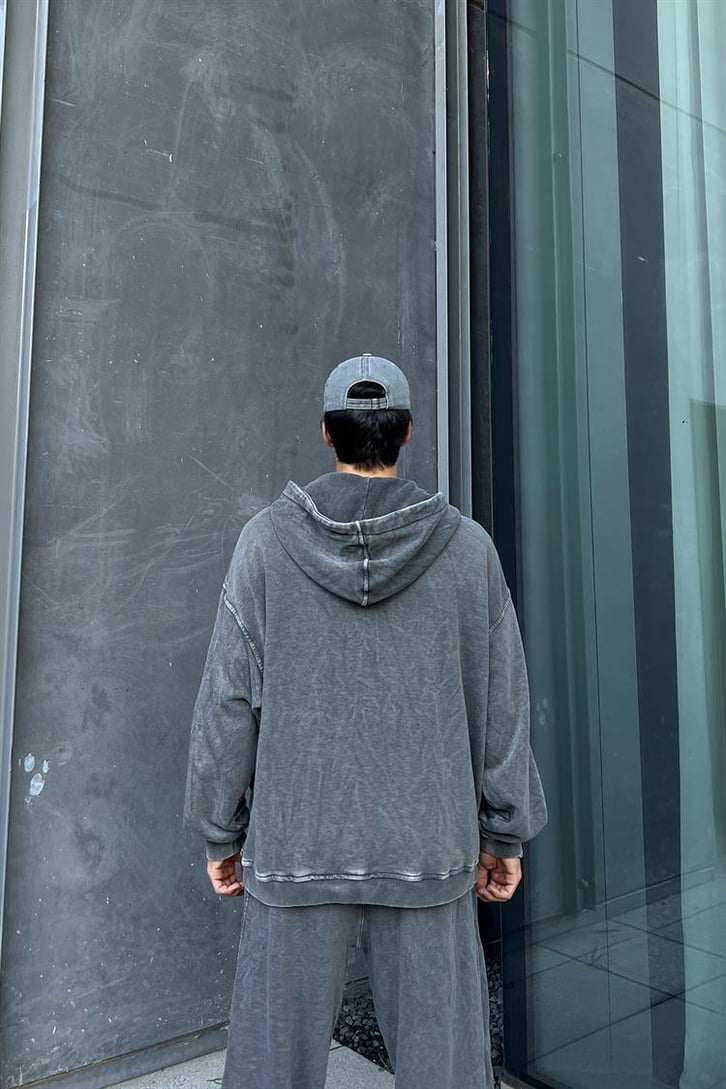 Yırtmaç Detaylı Antrasit Acid Wash Zipper Eşofman Takımı