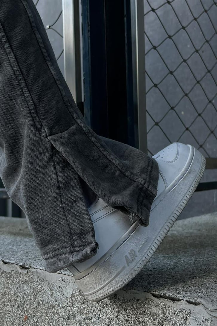 Yırtmaç Detaylı Antrasit Acid Wash Zipper Eşofman Takımı