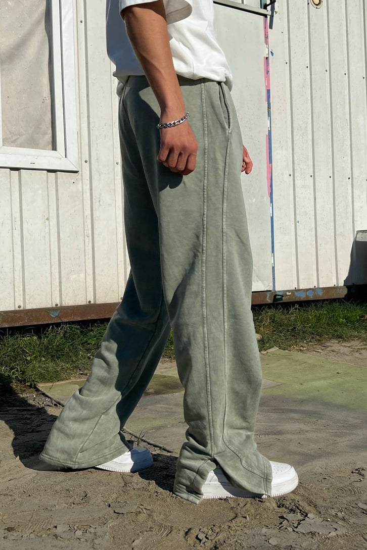 Yırtmaç Detaylı Yeşil Acid Wash Zipper Eşofman Takımı