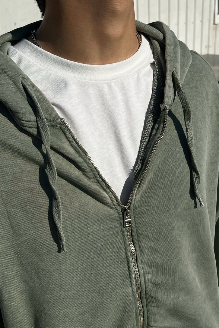 Yırtmaç Detaylı Yeşil Acid Wash Zipper Eşofman Takımı