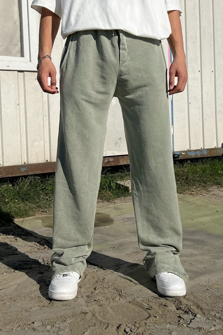 Yırtmaç Detaylı Yeşil Acid Wash Zipper Eşofman Takımı