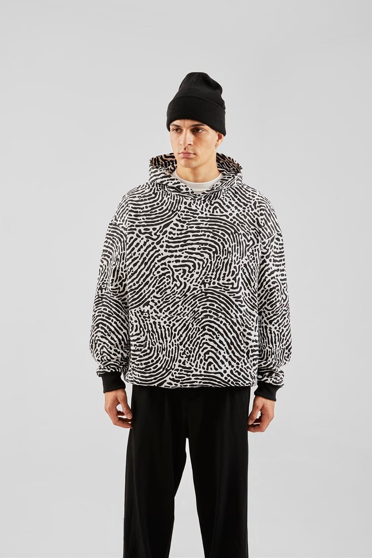 Zebra Baskılı Siyah Oversize Hoodie