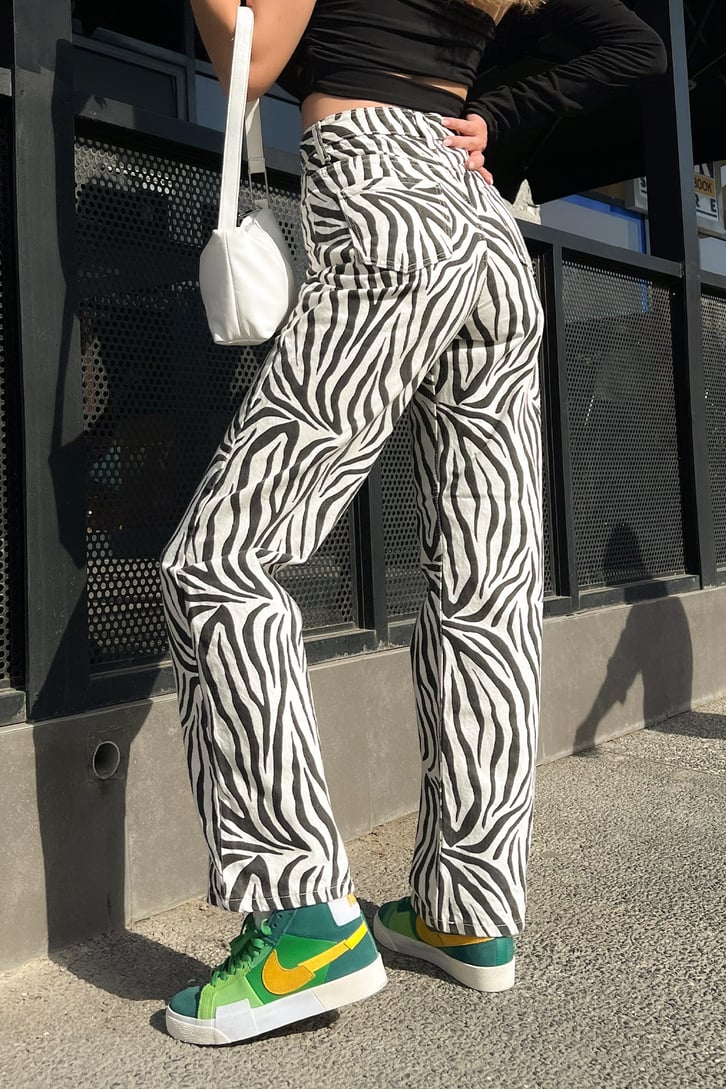 Zebra Desen Beyaz Baggy Jean