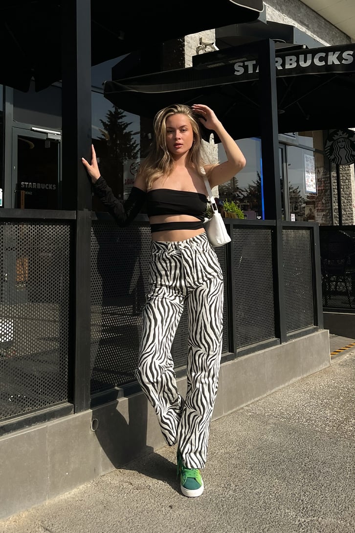 Zebra Desen Beyaz Baggy Jean